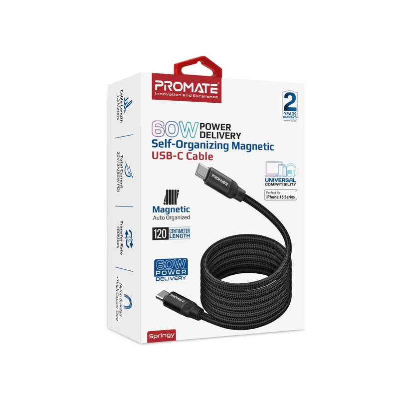 Promate Springy USB-C to USB-C Premium Magnetic Self-Organizing Cable with 60W PD Promate Springy USB-C to USB-C Premium Magnetic Self-Organizing Cable with 60W PD